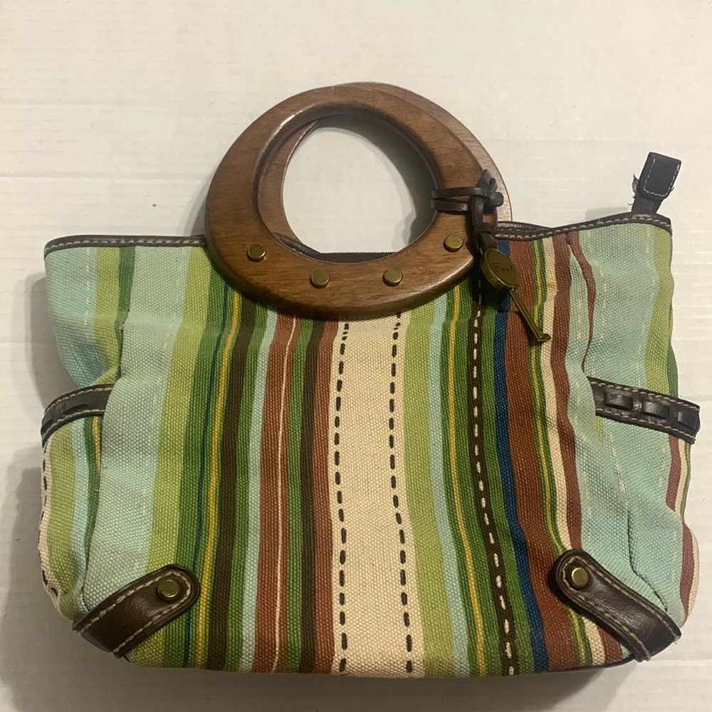 Fossil Cloth Boho Striped Bag w/ wooden handles ..GREAT FALL BAG